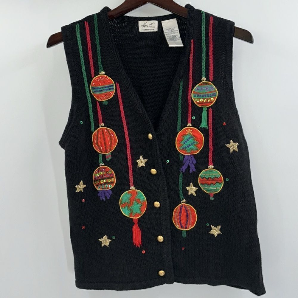 Vintage Kathie Lee Embellished Christmas Sweater Vest With Ornaments Size Large
